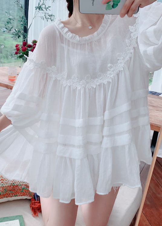 Style White Lace Ruffled Patchwork Cotton Blouses Lantern Sleeve Ff020