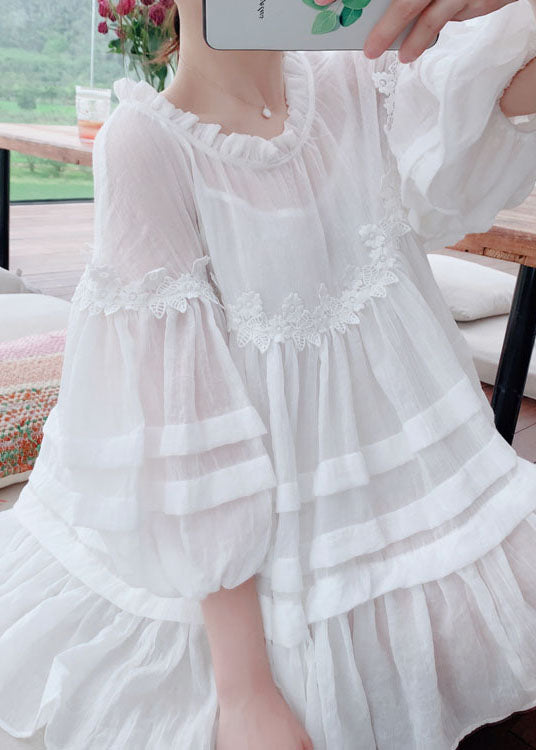 Style White Lace Ruffled Patchwork Cotton Blouses Lantern Sleeve Ff020