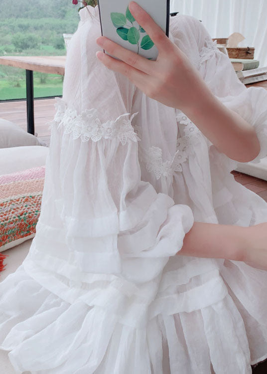Style White Lace Ruffled Patchwork Cotton Blouses Lantern Sleeve Ff020