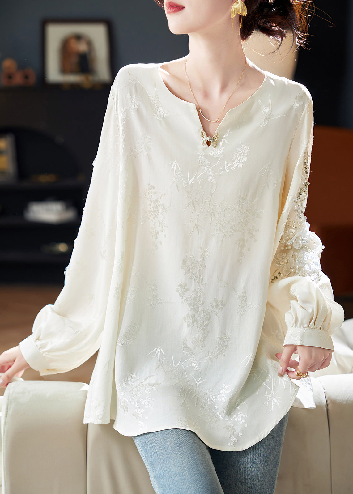 Style White Nail Bead Jacquard Chiffon Blouses Spring Rl020