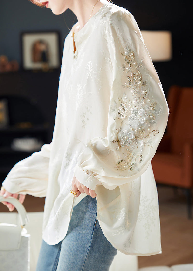 Style White Nail Bead Jacquard Chiffon Blouses Spring Rl020
