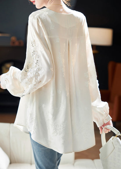 Style White Nail Bead Jacquard Chiffon Blouses Spring Rl020