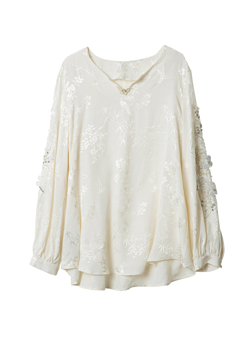 Style White Nail Bead Jacquard Chiffon Blouses Spring Rl020