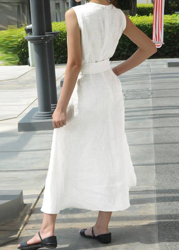 Style White O-neck Patchwork Tunic Cotton Maxi Dresses Sleeveless Lc0014
