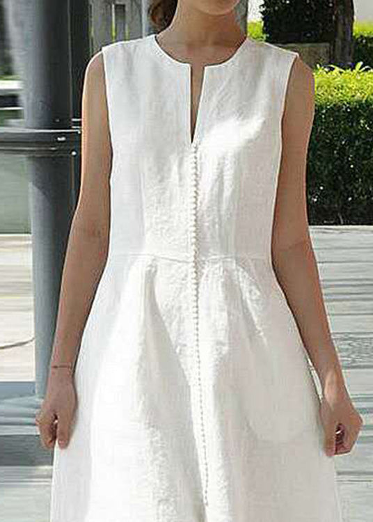 Style White O-neck Patchwork Tunic Cotton Maxi Dresses Sleeveless Lc0014