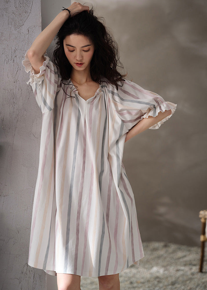 Style White V Neck Striped Cotton Long Dresses Summer Ly1865