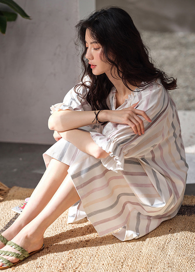 Style White V Neck Striped Cotton Long Dresses Summer Ly1865