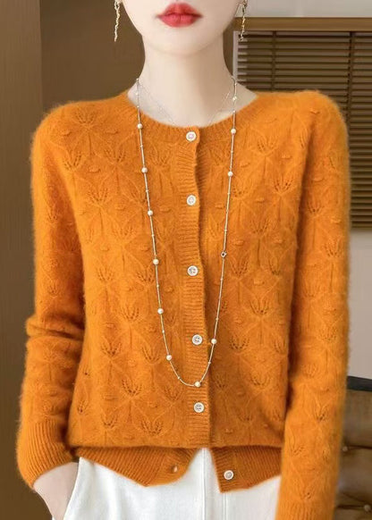 Style Yellow Hollow Out Jacquard Wool Cardigan Spring Tq016