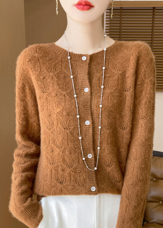 Style Yellow Hollow Out Jacquard Wool Cardigan Spring Tq016