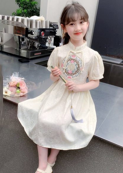 Stylish Apricot Embroideried Patchwork Button Long Dress Summer Mn004