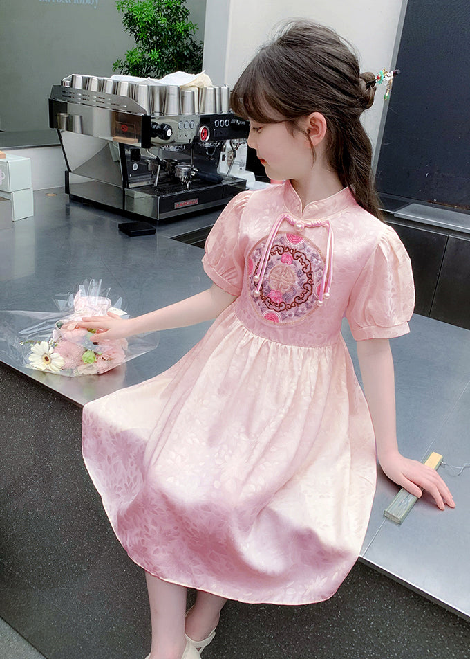 Stylish Apricot Embroideried Patchwork Button Long Dress Summer Mn004