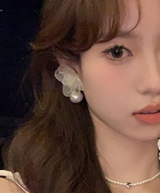 Stylish Beige Pearl Chiffon Hoop Earrings Ly1795