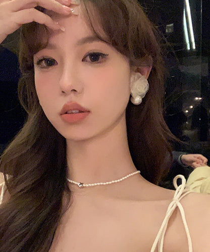 Stylish Beige Pearl Chiffon Hoop Earrings Ly1795