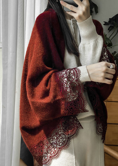 Stylish Beige Hollow Out Lace Patchwork Woolen Cardigans Fall Rl011