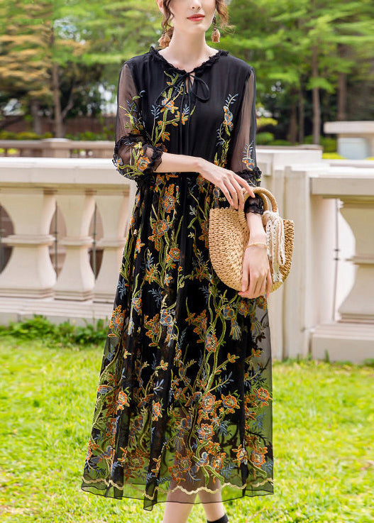 Stylish Black Embroideried Hollow Out Silk Maxi Dresses Ac3044