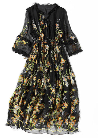 Stylish Black Embroideried Hollow Out Silk Maxi Dresses Ac3044