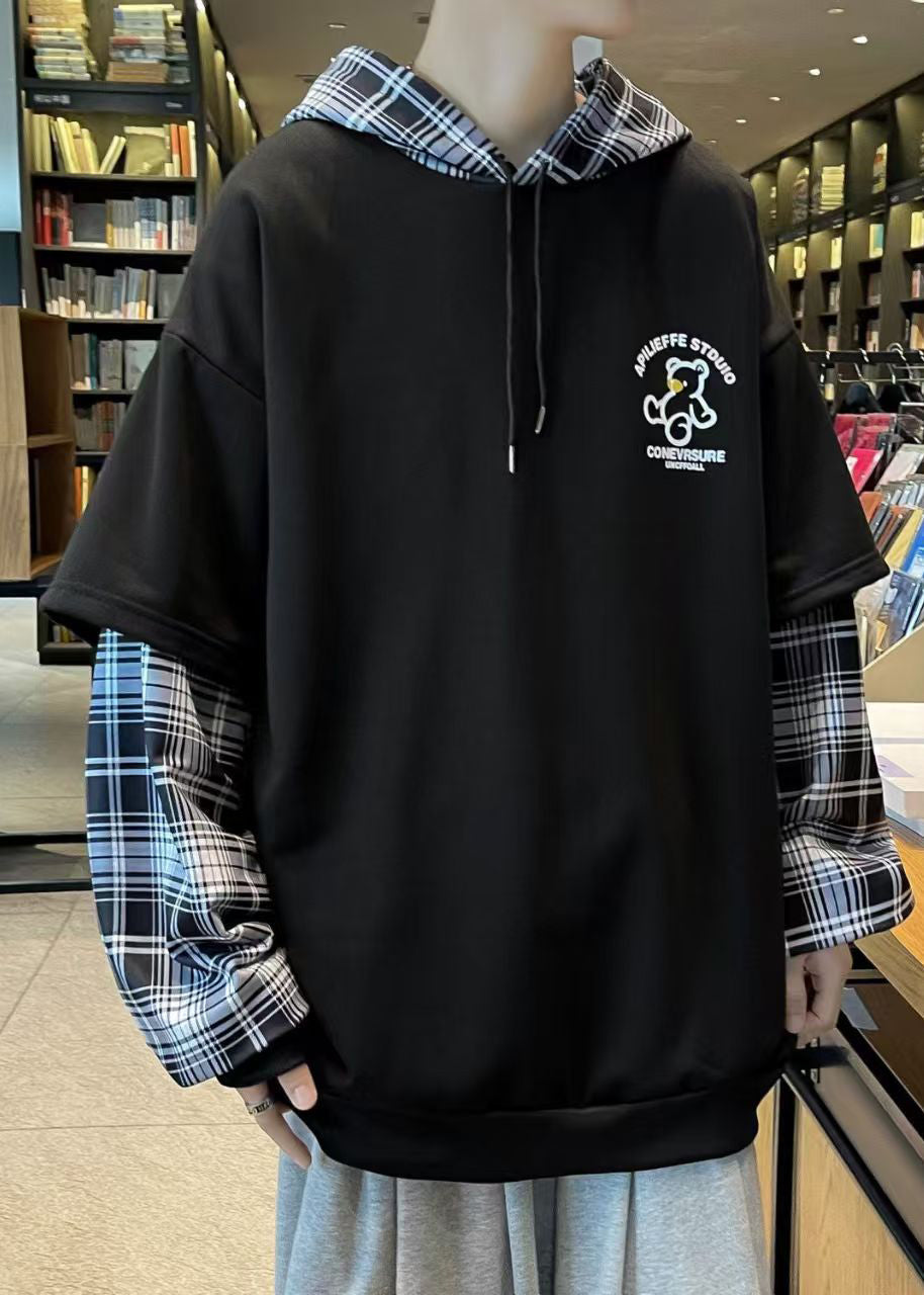 Spring Sweatshirts Patchwork Hooded Stylish Cotton Black