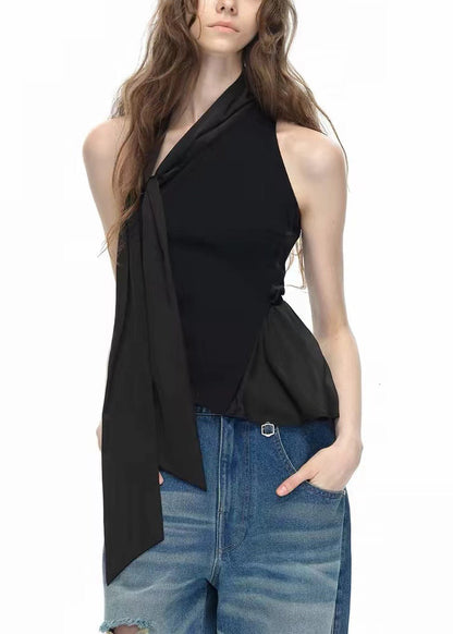 Stylish Black One Shoulder Bow Patchwork Cotton Blouse Tops Sleeveless Ee002