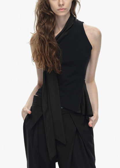 Stylish Black One Shoulder Bow Patchwork Cotton Blouse Tops Sleeveless Ee002