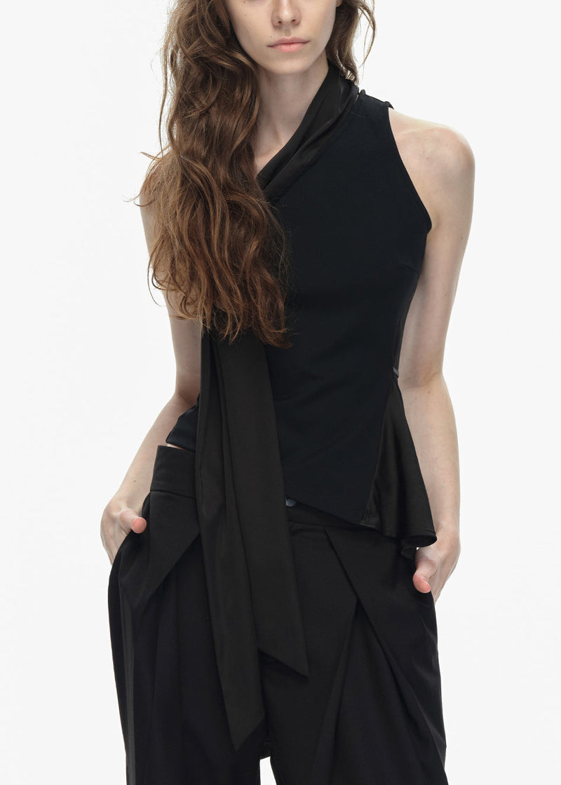 Stylish Black One Shoulder Bow Patchwork Cotton Blouse Tops Sleeveless Ee002