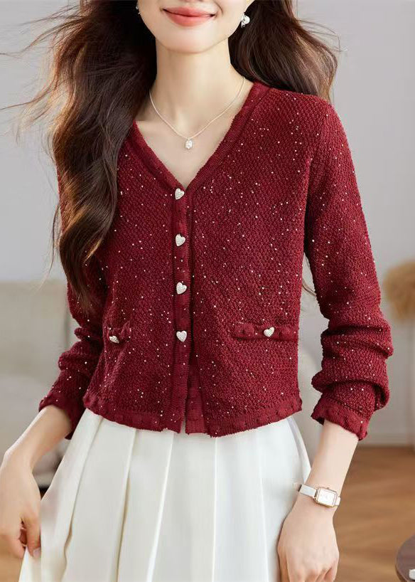Stylish Black V Neck Button Sequins Wool Knit Cardigans Fall Qs016