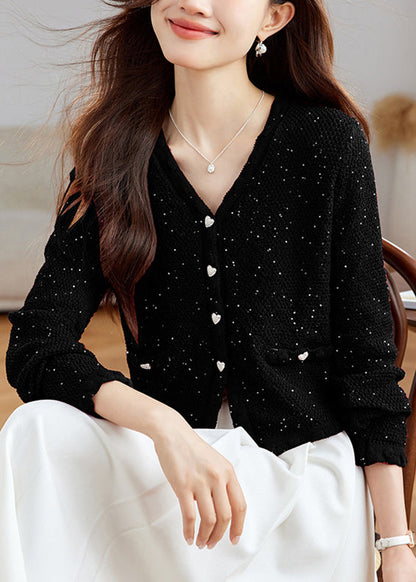 Stylish Black V Neck Button Sequins Wool Knit Cardigans Fall Qs016
