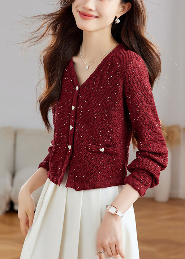 Stylish Black V Neck Button Sequins Wool Knit Cardigans Fall Qs016