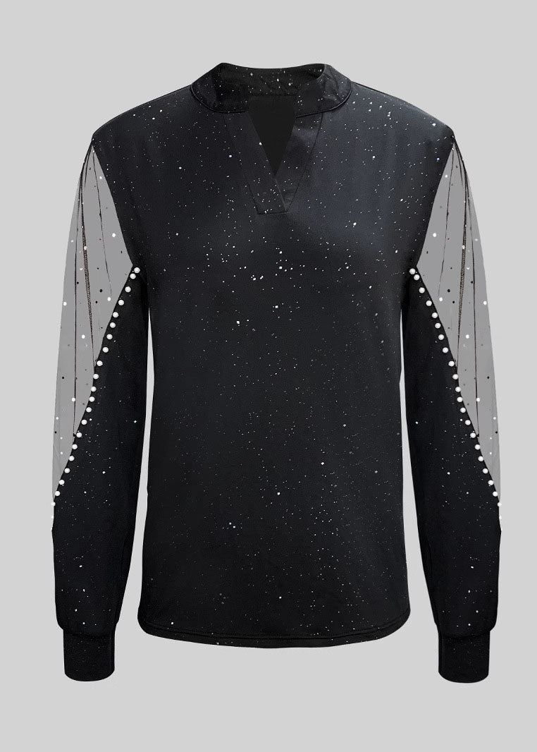 Stylish Black V Neck Tulle Patchwork Blouses Spring Tl031