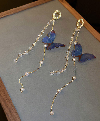 Stylish Blue Acrylic Crystal Butterfly Tassel Drop Earrings