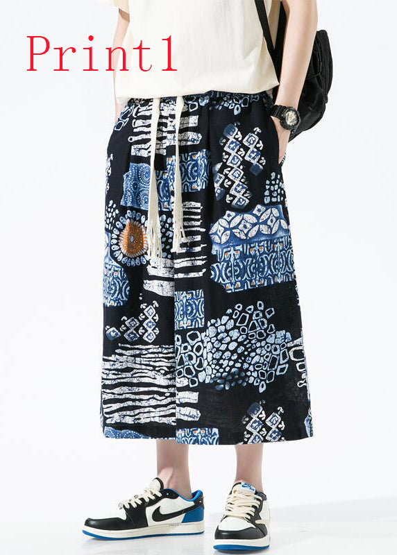 Stylish Blue Pockets Print Cotton Crop Pants Apparel Summer Sa035