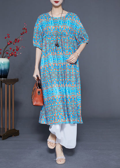 Stylish Blue Ruffled Print Silk Long Dresses Summer Lc0378