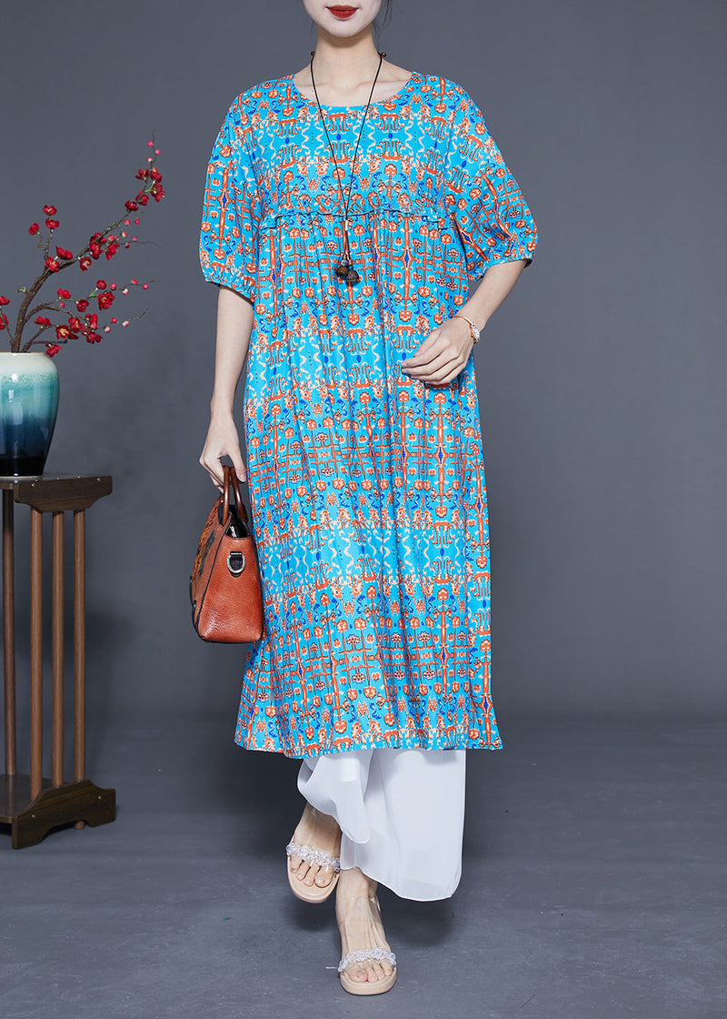 Stylish Blue Ruffled Print Silk Long Dresses Summer Lc0378