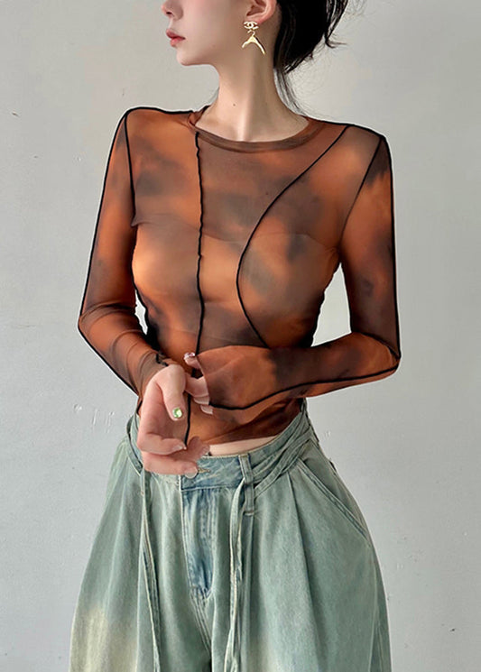 Stylish Brown O Neck Tie Dye Tulle Blouses Top Fall Al1067