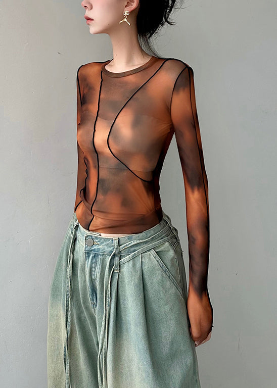Stylish Brown O Neck Tie Dye Tulle Blouses Top Fall Al1067
