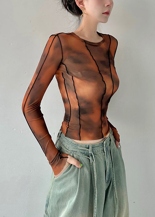 Stylish Brown O Neck Tie Dye Tulle Blouses Top Fall Al1067