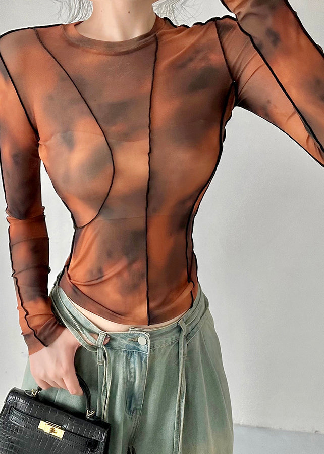 Stylish Brown O Neck Tie Dye Tulle Blouses Top Fall Al1067