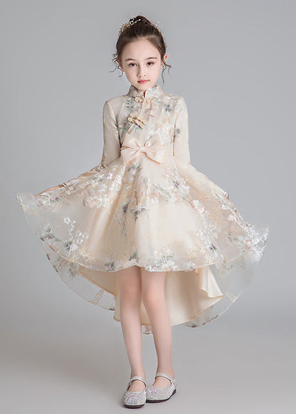Stylish Champagne Stand Collar Embroideried Low High Design Tulle Long Dresses Fall Qv002