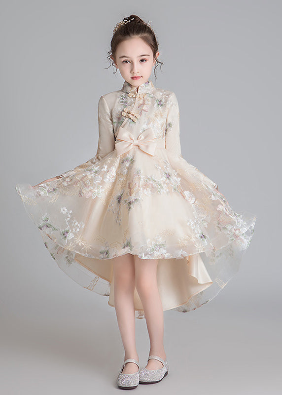 Stylish Champagne Stand Collar Embroideried Low High Design Tulle Long Dresses Fall Qv002