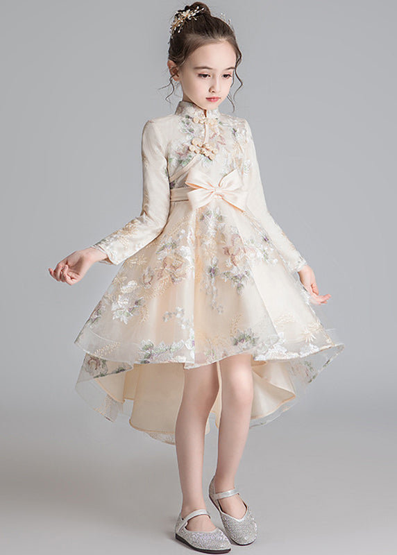 Stylish Champagne Stand Collar Embroideried Low High Design Tulle Long Dresses Fall Qv002