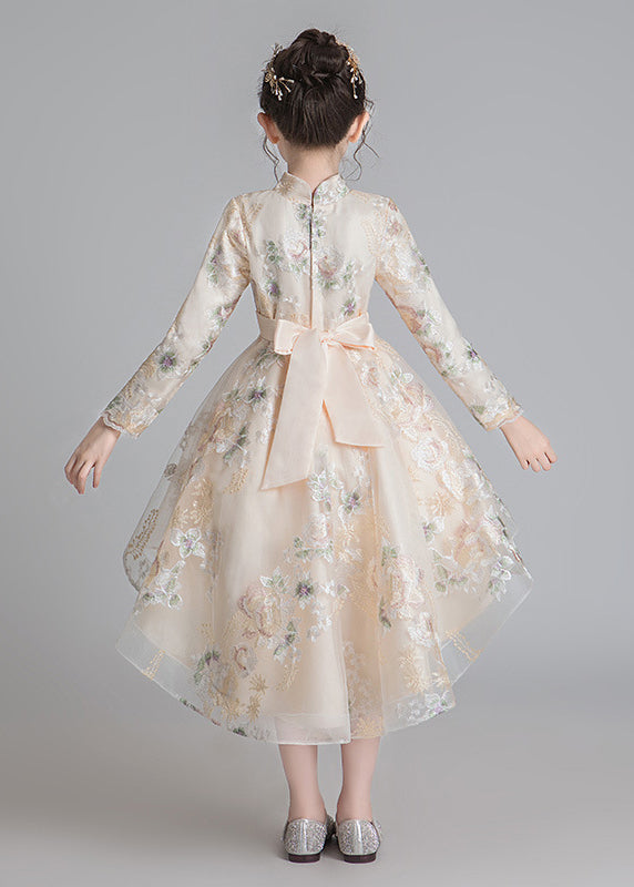 Stylish Champagne Stand Collar Embroideried Low High Design Tulle Long Dresses Fall Qv002