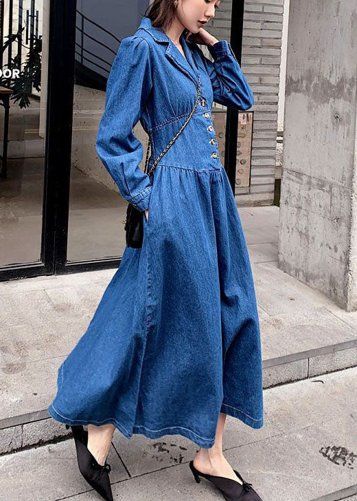 Stylish Denim Blue Cinched Patchwork Elastic Waist Long Dresses Spring Ac2033