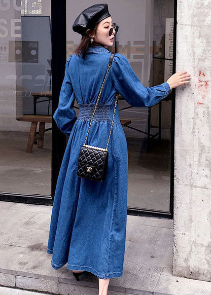 Stylish Denim Blue Cinched Patchwork Elastic Waist Long Dresses Spring Ac2033