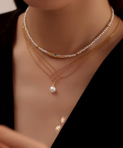 Stylish Gold 14k Gold Pearl Lase Multi Layer Pendant Necklace