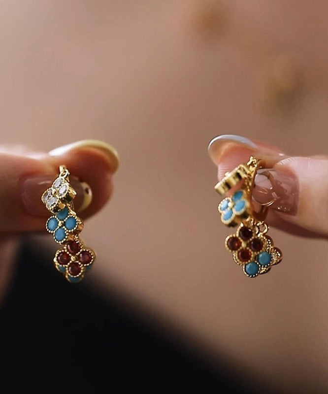 Stylish Gold Copper Overgild Four-leaf Clover Tassel Hoop Earrings