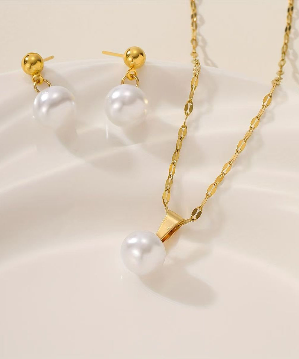 Stylish Gold Copper Overgild Jade Pendant Necklace and Drop Earrings Two-piece Set