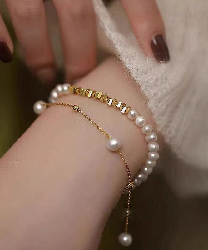 Stylish Gold Copper Overgild Pearl Crushed and Silver Tassel Two Piece Set Charm Bracelet