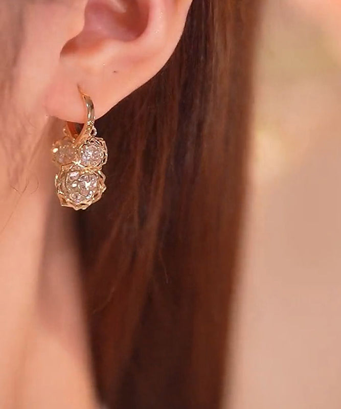 Stylish Gold Copper Zircon Hollow Out Rose Hoop Earrings