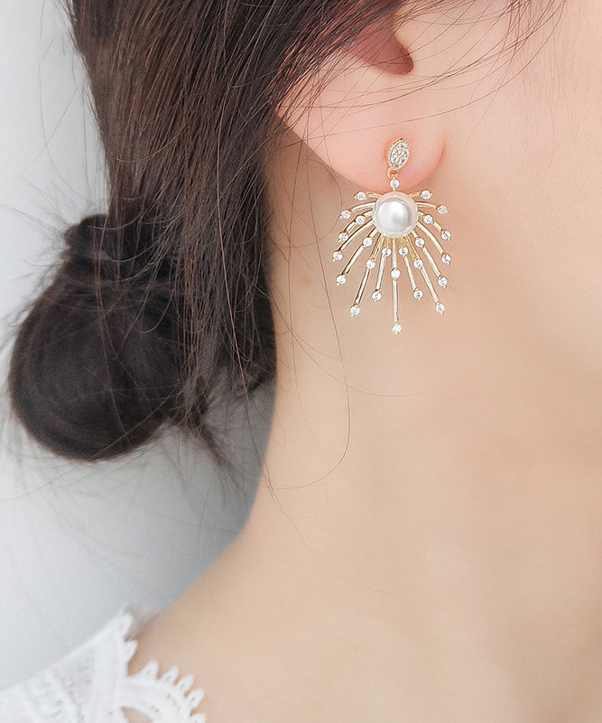 Stylish Gold Sterling Silver Copper Zircon Pearl Drop Earrings Kx1018