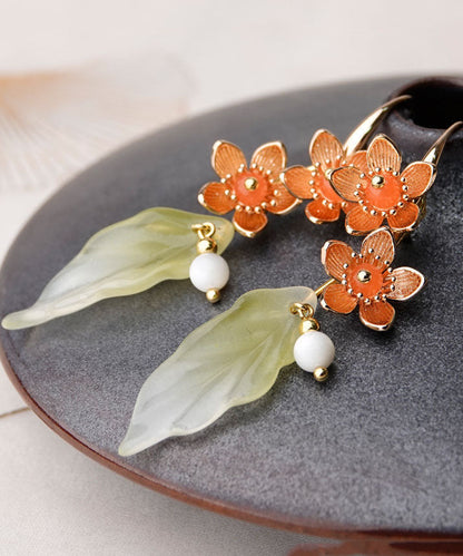 Stylish Green Acrylic Flower 14k Gold Drop Earrings
