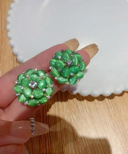 Stylish Green Alloy Zircon Cat's Eye Stud Earrings